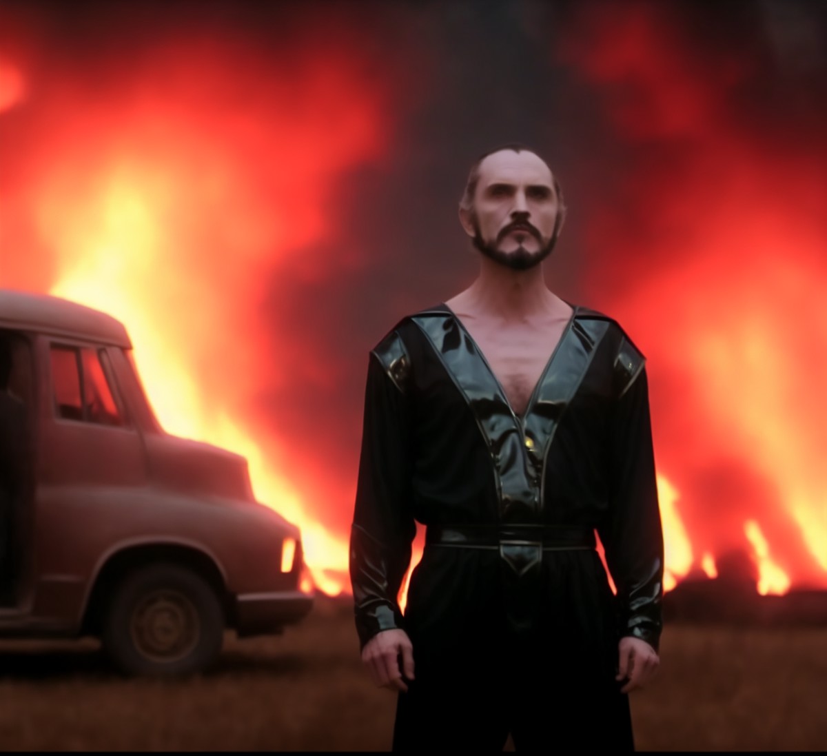 film scene with zod person in new science fiction horror film called 'Horns', (Dystopian farmland). ((cars are on fire)), ...
